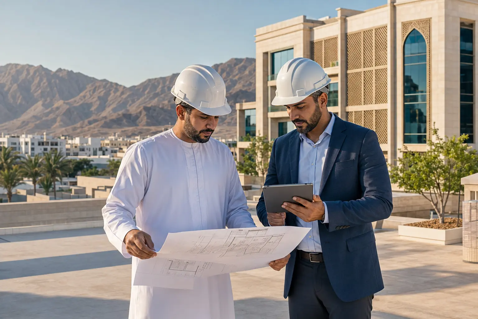 Omani professionals reviewing project plans during a site survey