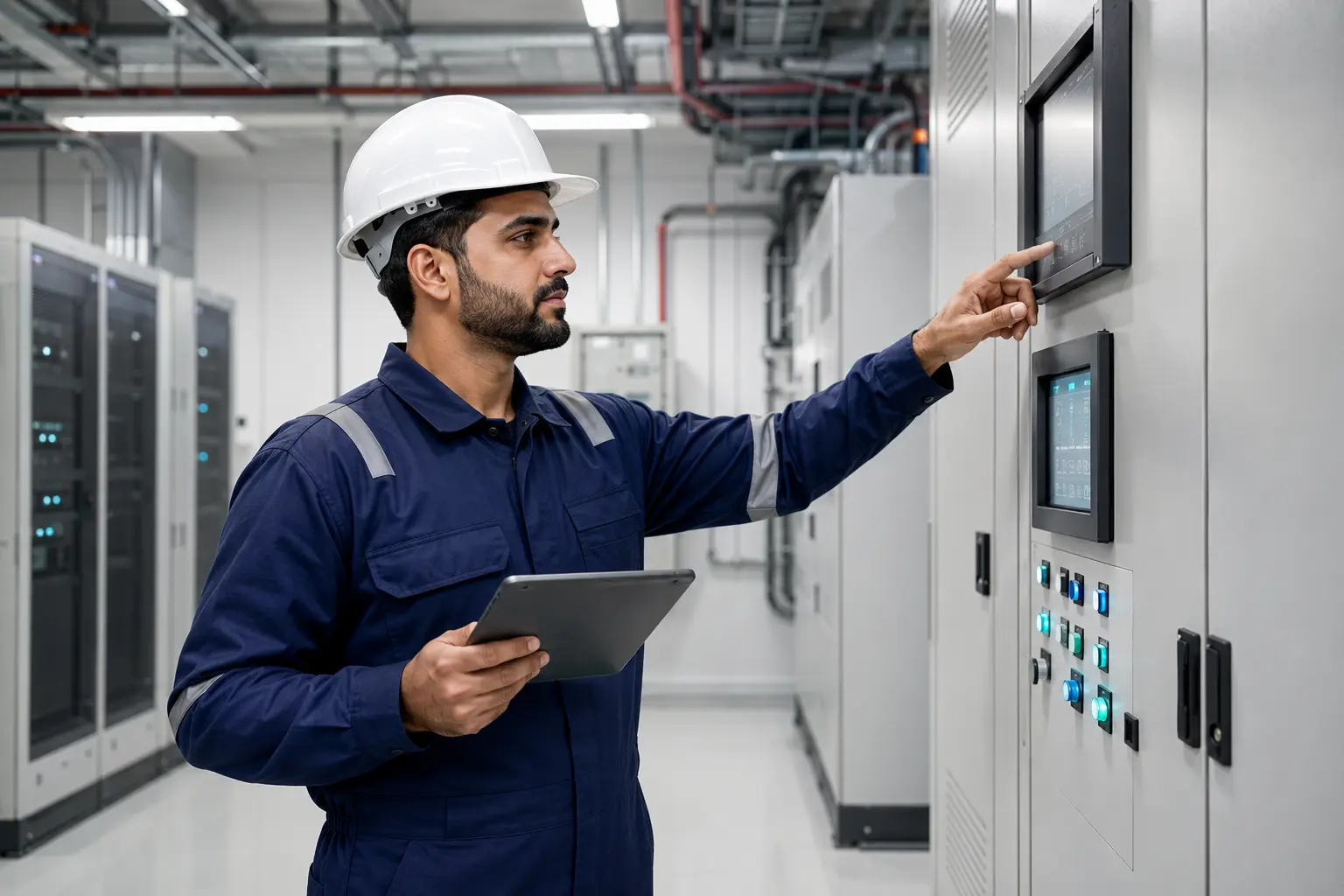 Omani maintenance engineer inspecting a modern control panel