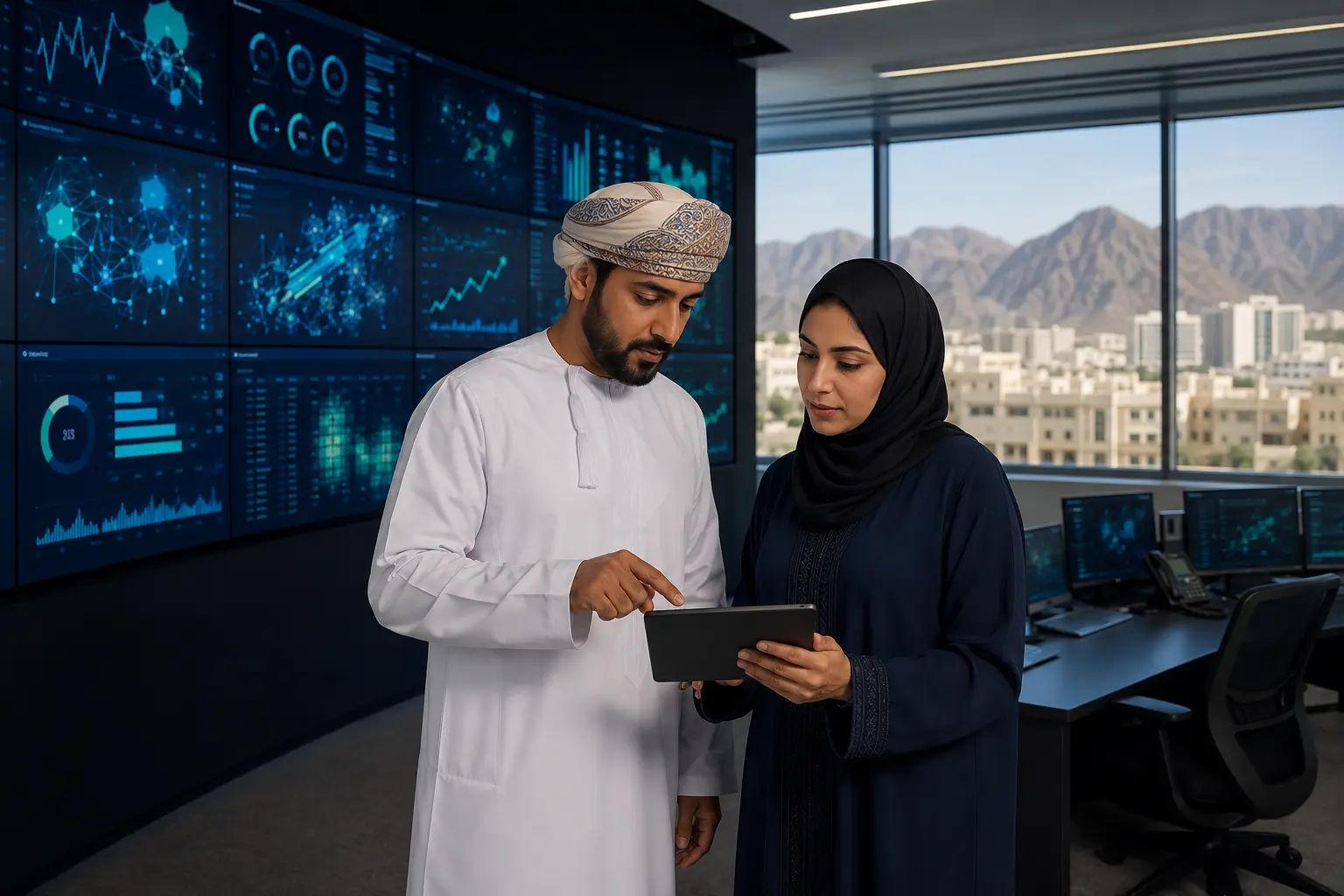 Omani facility engineers in a smart city operations center